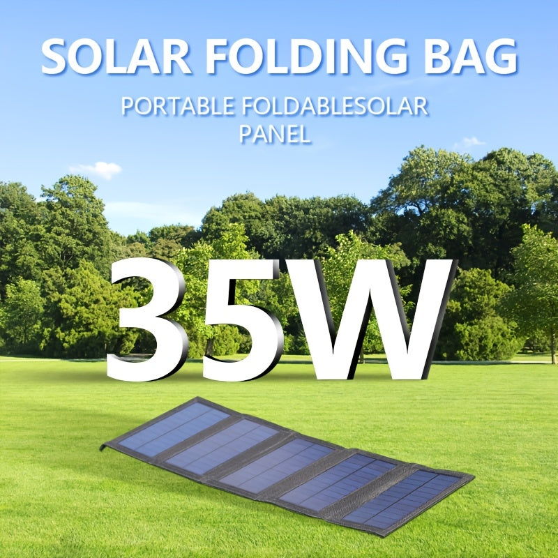 1x 35W Portable Solar Folding Charger Bag with USB 5V Output. Lightweight, foldable design for outdoor, camping, and emergency use. Compatible with all phones. Made of TPE material.