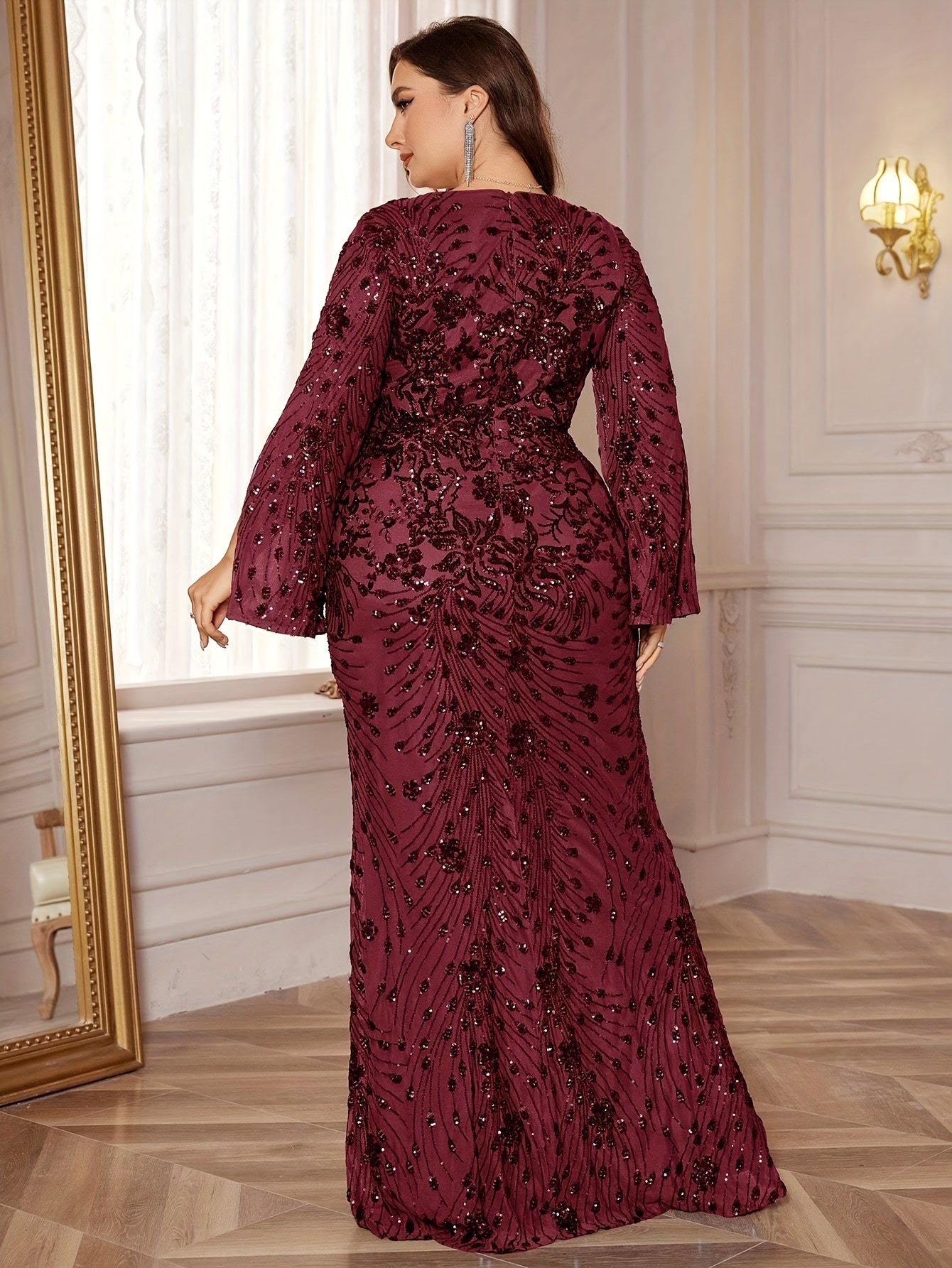 Sequin slit sleeves evening gown with a touch of luxury for parties and events, suitable for hostesses and available in plus sizes.