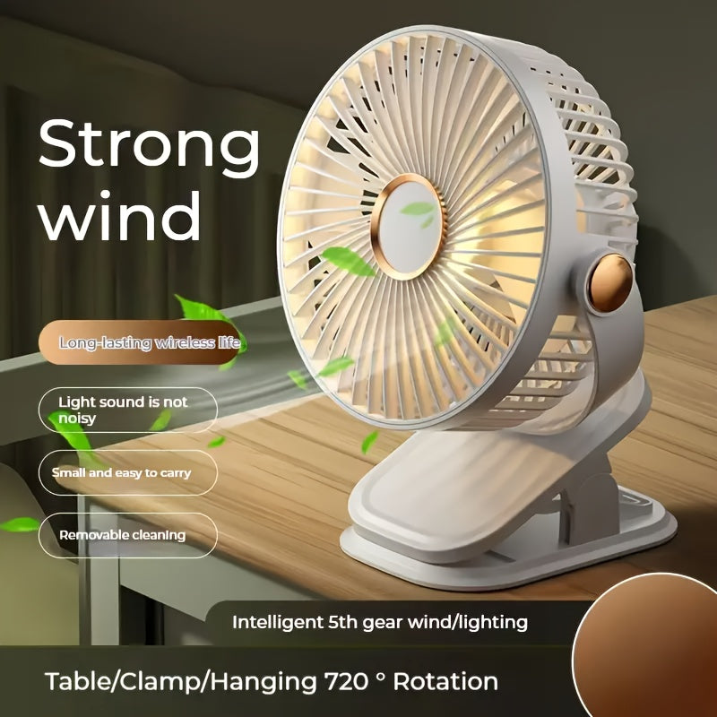 Portable USB Rechargeable Desk Fan with Nightlight - 1 Piece, 5 Speeds, 720° Rotation, Clip-On Design, Quiet Operation, Easy to Clean, Suitable for Indoor and Outdoor Use, Made of Durable Plastic, Includes Push Button Control and Built-in Lithium Battery.