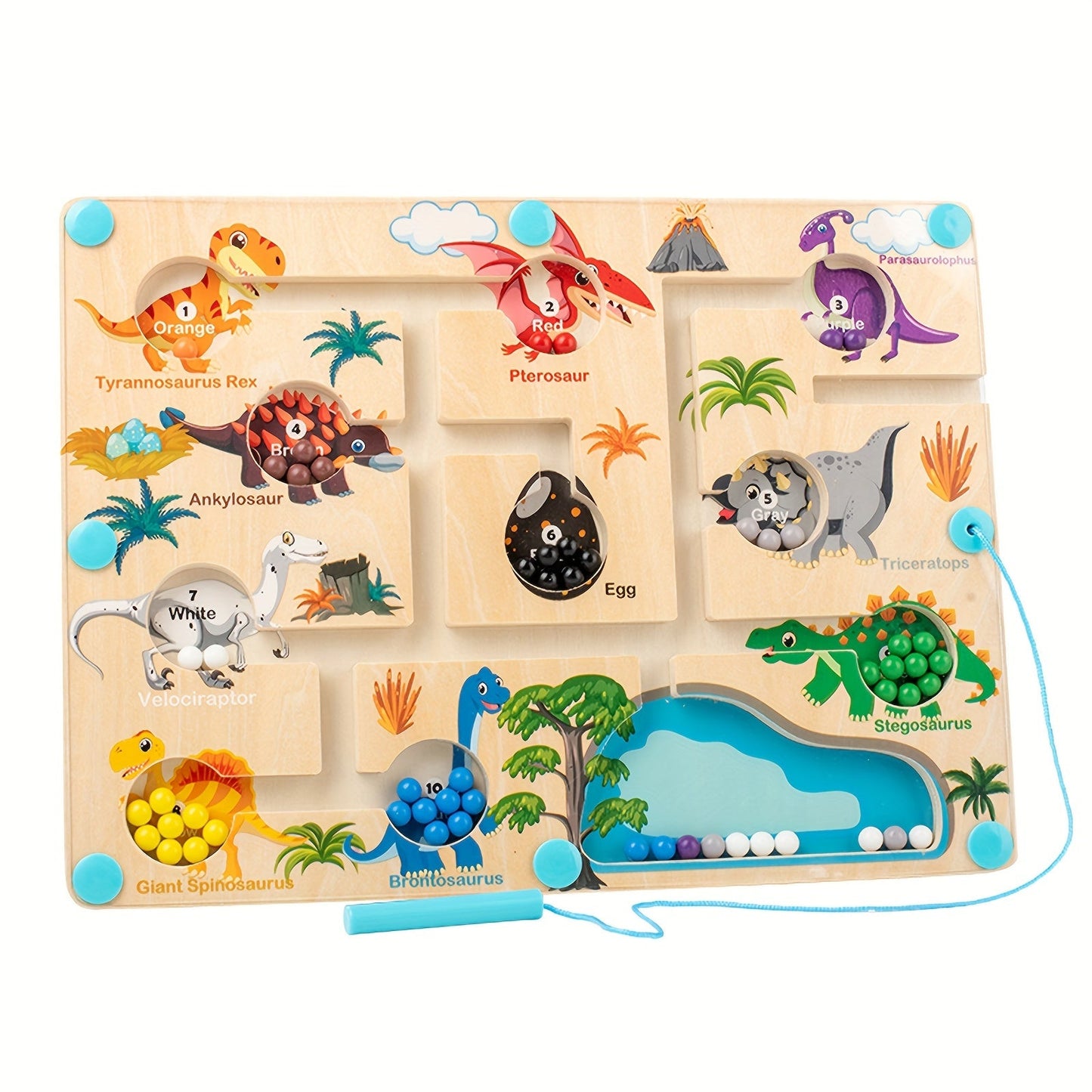 Dinosaur Wooden Magnet Maze Game - Magnetic Color and Number Maze Puzzle Board for Learning Counting and Matching, Fine Motor Skills Development Travel Toy for Boys and Girls - Ideal Birthday Gift