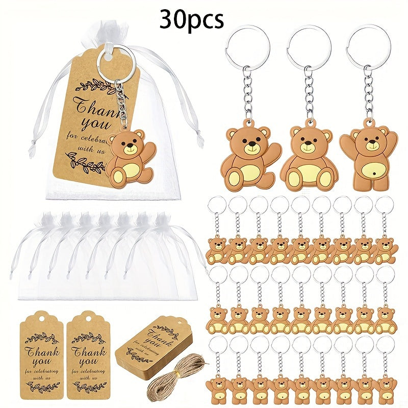 30 Bear Keychain Art Gifts made from PVC Material, Includes Organza Bag, Thank You Kraft Label, and Rope. Perfect for Decorating Wedding, Party, Baby Shower, Bachelor Party, and Birthday Party Supplies.