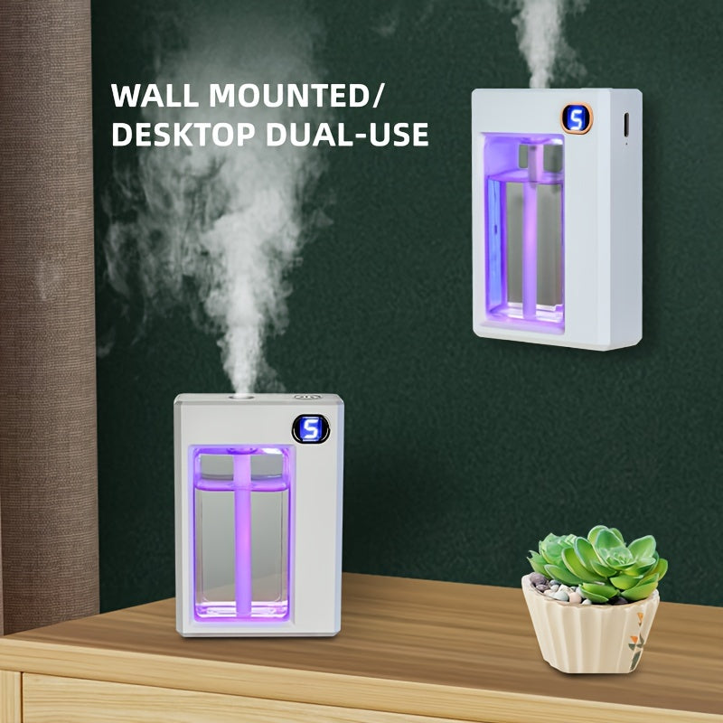 Multi-function smart aromatherapy diffuser with spray function, dual desk and wall mount, long-lasting scent, humidifier and deodorizer, USB rechargeable with nightlight and button control.