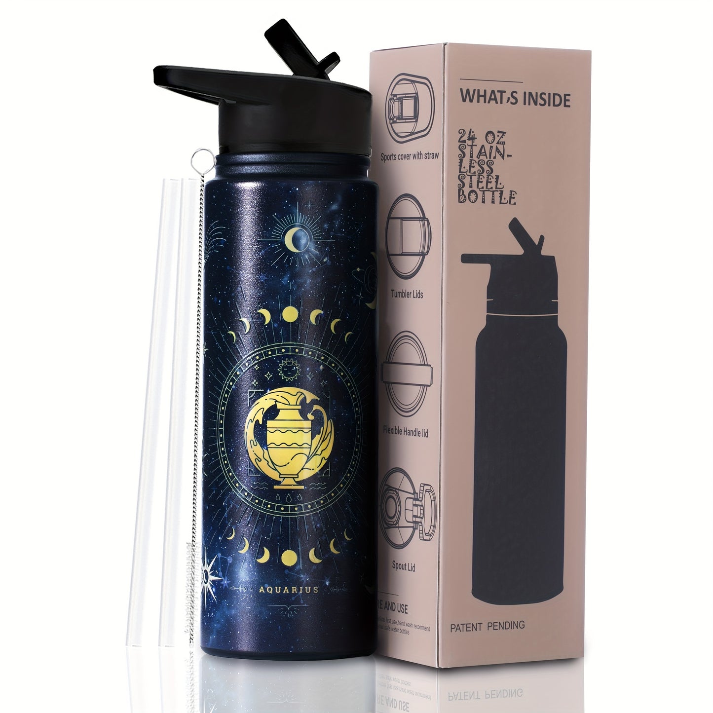 1pc Stainless Steel Zodiac Water Bottle with Lid, Straw, and Double Wall Vacuum Insulation - Ideal for Travel, Outdoor Activities, or as a Birthday Gift. Great for Halloween parties or as room decor.