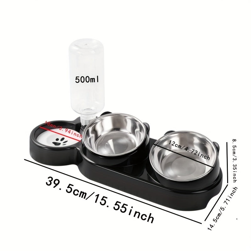 Dual bowl pet feeder and water dispenser made of stainless steel and plastic with easy sloped design for cats and dogs.