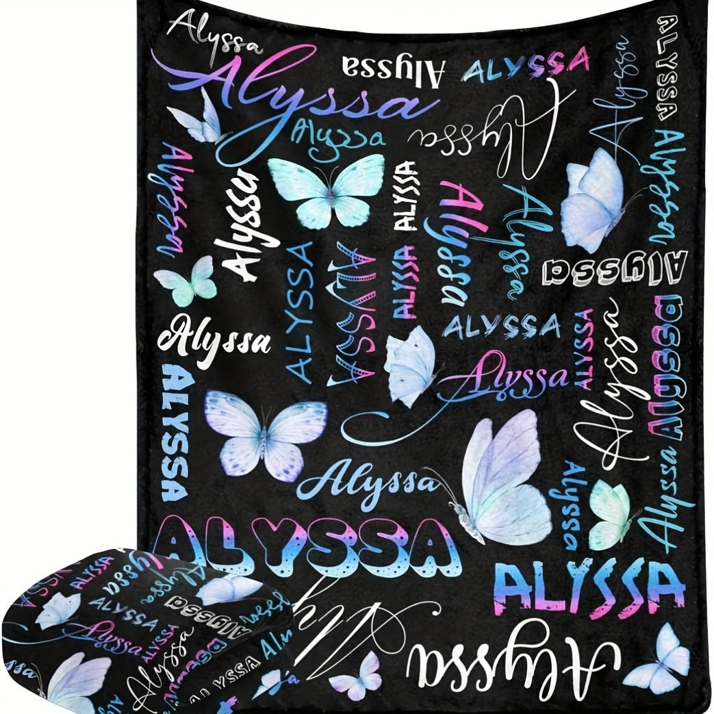 Alyssa Butterfly Flannel Throw Blanket: Customizable Design, All-Season Hypoallergenic Bedding, Machine Washable, Digital Print, Versatile for Living Room, Office, or Pet - 1pc Polyester Blanket