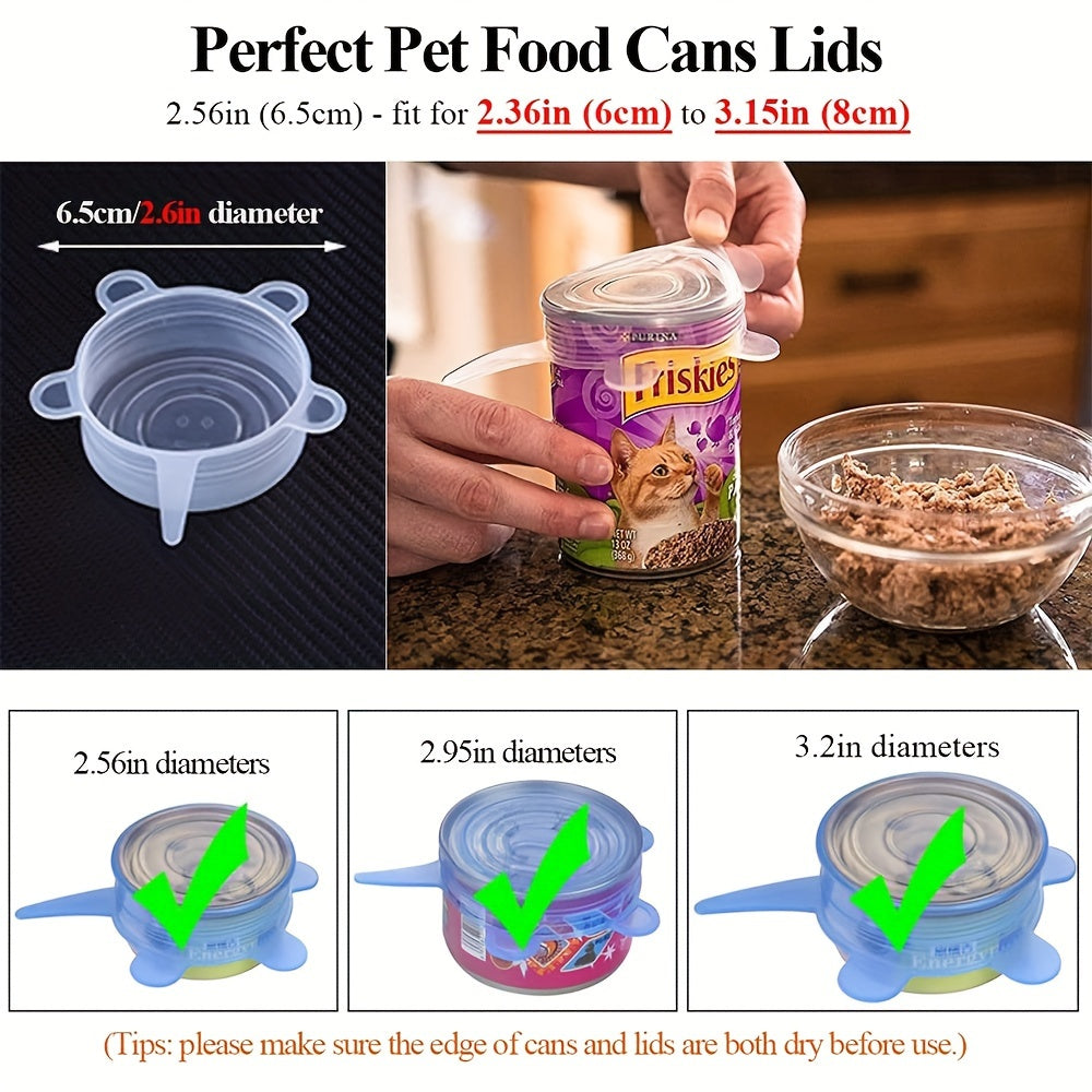 Flexible silicone lids for pet and human food cans - designed to fit perfectly on 3 standard sizes: 6.6cm, 7.49cm, and 8.13cm cans - ideal for small pet food containers - preserves freshness of food.