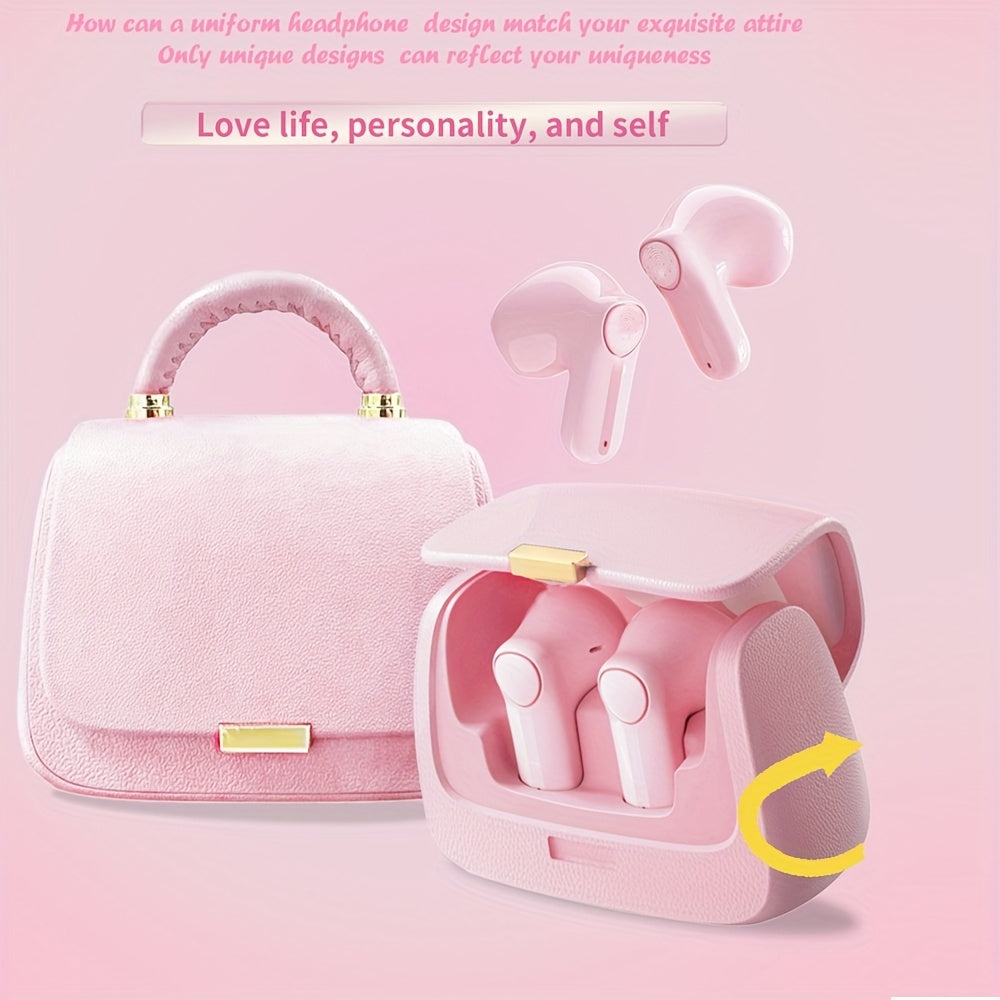 Handbag-shaped wireless headset featuring ENC voice noise cancellation, USB Type-C charging, crystal microphone, and rechargeable lithium polymer battery. Portable and cute design with