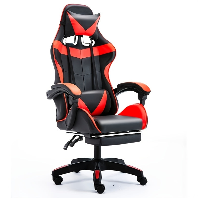 Ergonomic gaming chair with footrest, high back, adjustable headrest and lumbar support in white and black for home office.