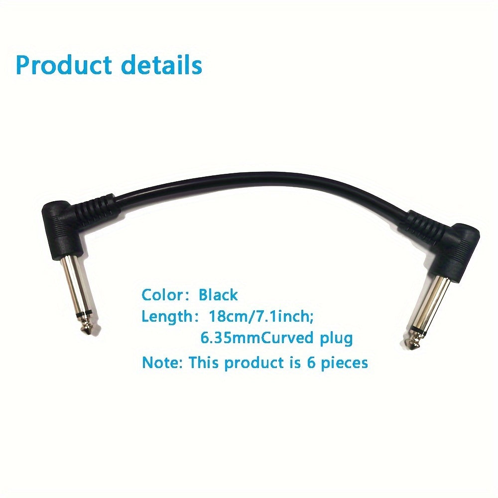 6pcs Black Guitar Effects Cable with 6.35mm Curved Connector, 18cm