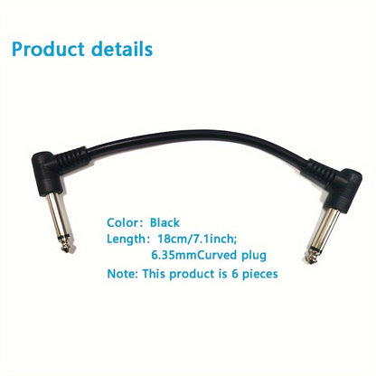 6pcs Black Guitar Effects Cable with 6.35mm Curved Connector, 18cm