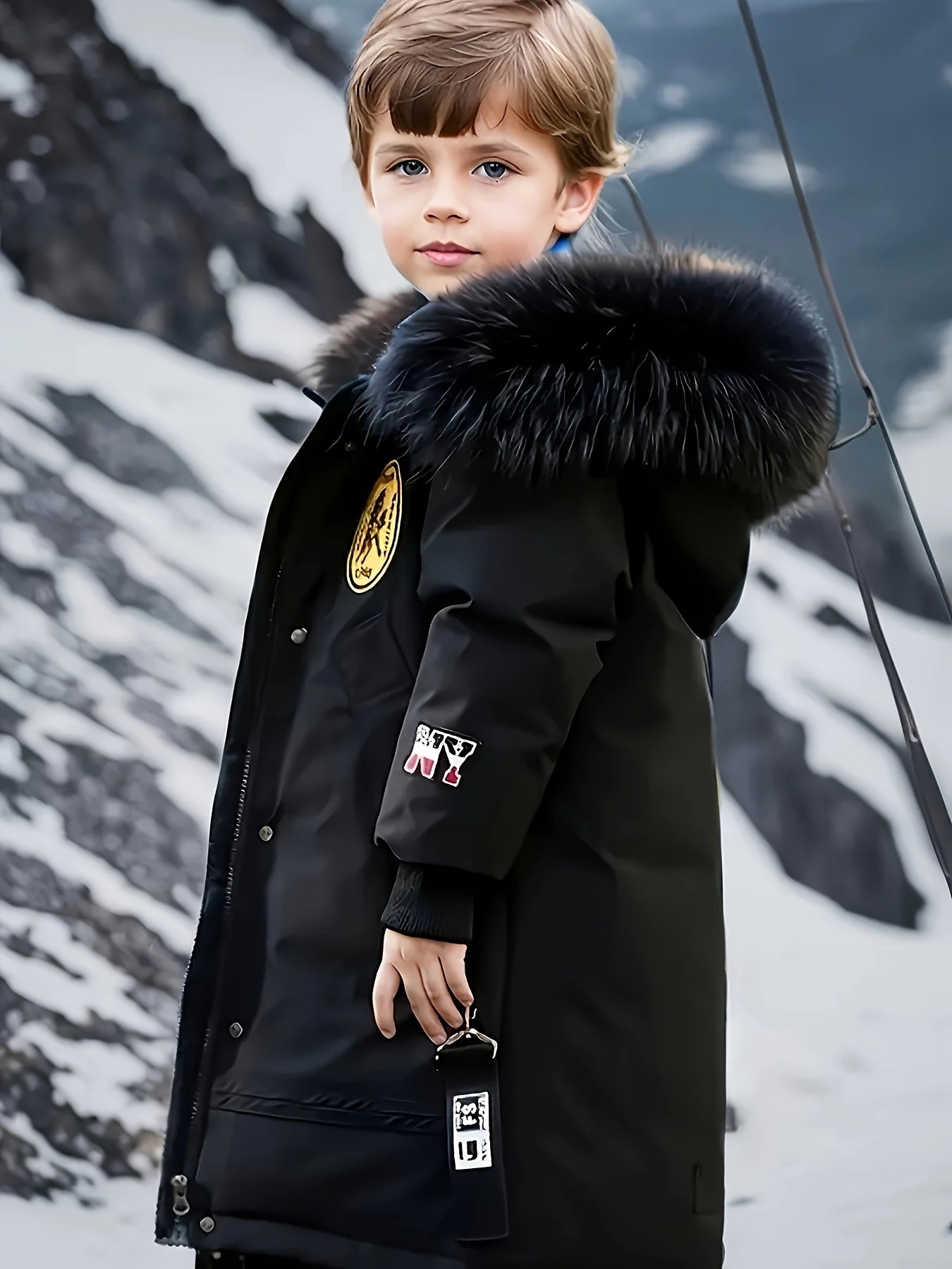 Thickened boys' winter coat with faux fur hood, warm and windproof, 100% polyester, perfect for outdoor play in cold weather.