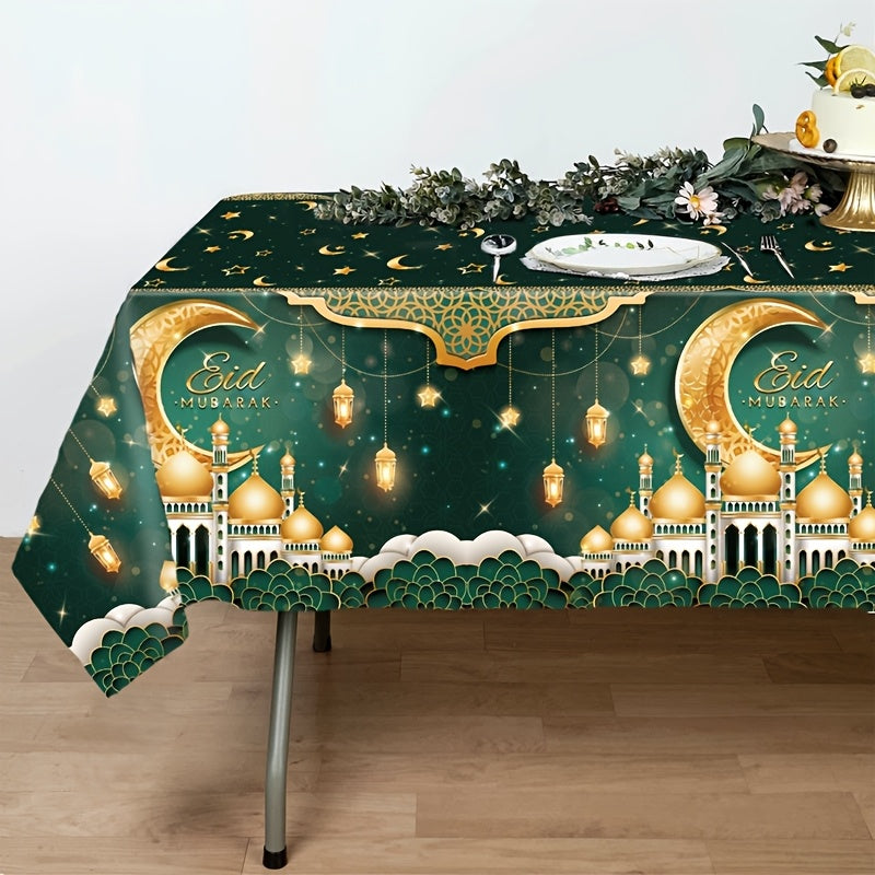 1pc Elegant Green & Golden Eid Mubarak Tablecloth - 130x220cm, featuring castle, moon, lantern & star design. Perfect for Ramadan & Eid celebrations, durable plastic machine-woven for