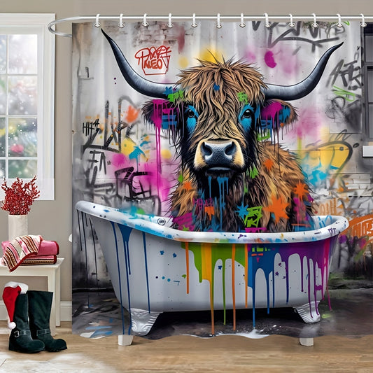 Highland Cow Graffiti Shower Curtain - Waterproof polyester with hooks, colorful animal print decor for bathroom.