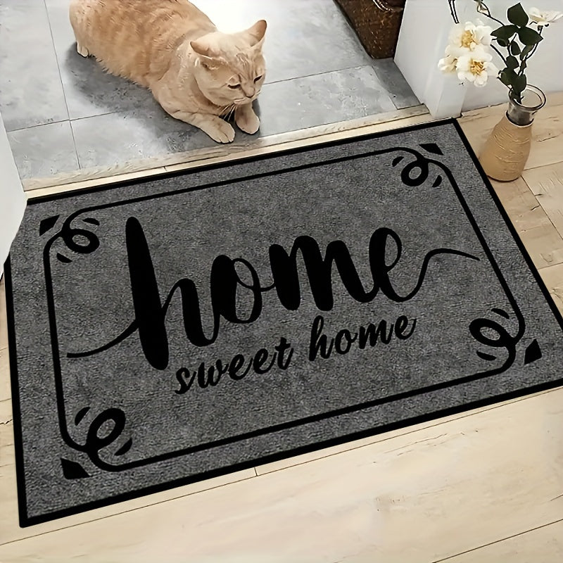 Machine washable Sweet Home Welcome doormat made of polyester. Suitable for indoor and outdoor use, this entrance mat is perfect for home, living room, kitchen, bedroom, farmhouse, hallway, and laundry room carpet.