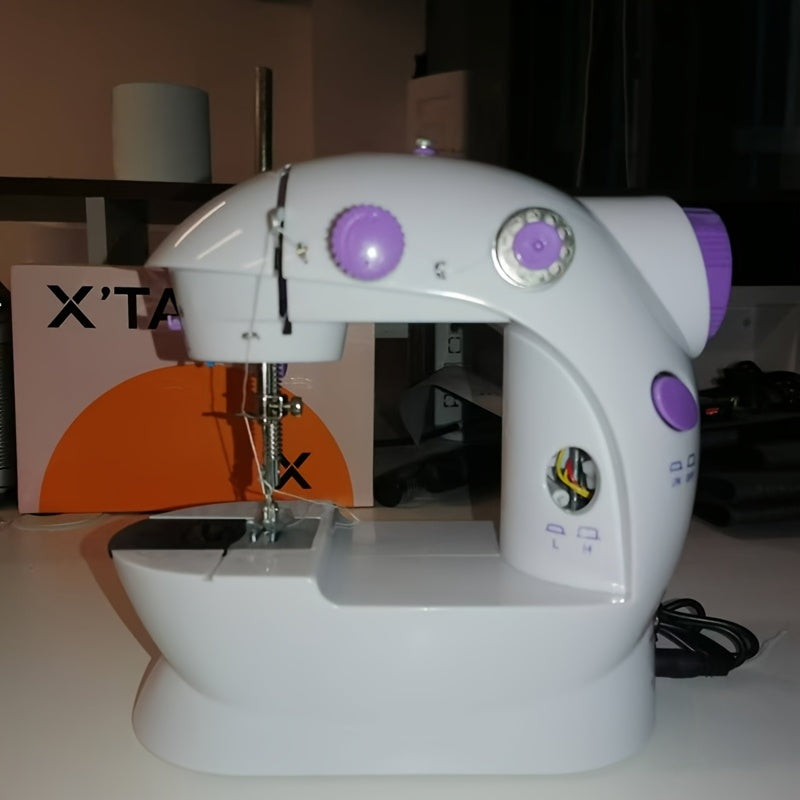 Portable mini sewing machine with night light, foot pedal control, and universal plug, ideal for DIY home use, perfect gift for holidays and birthdays.