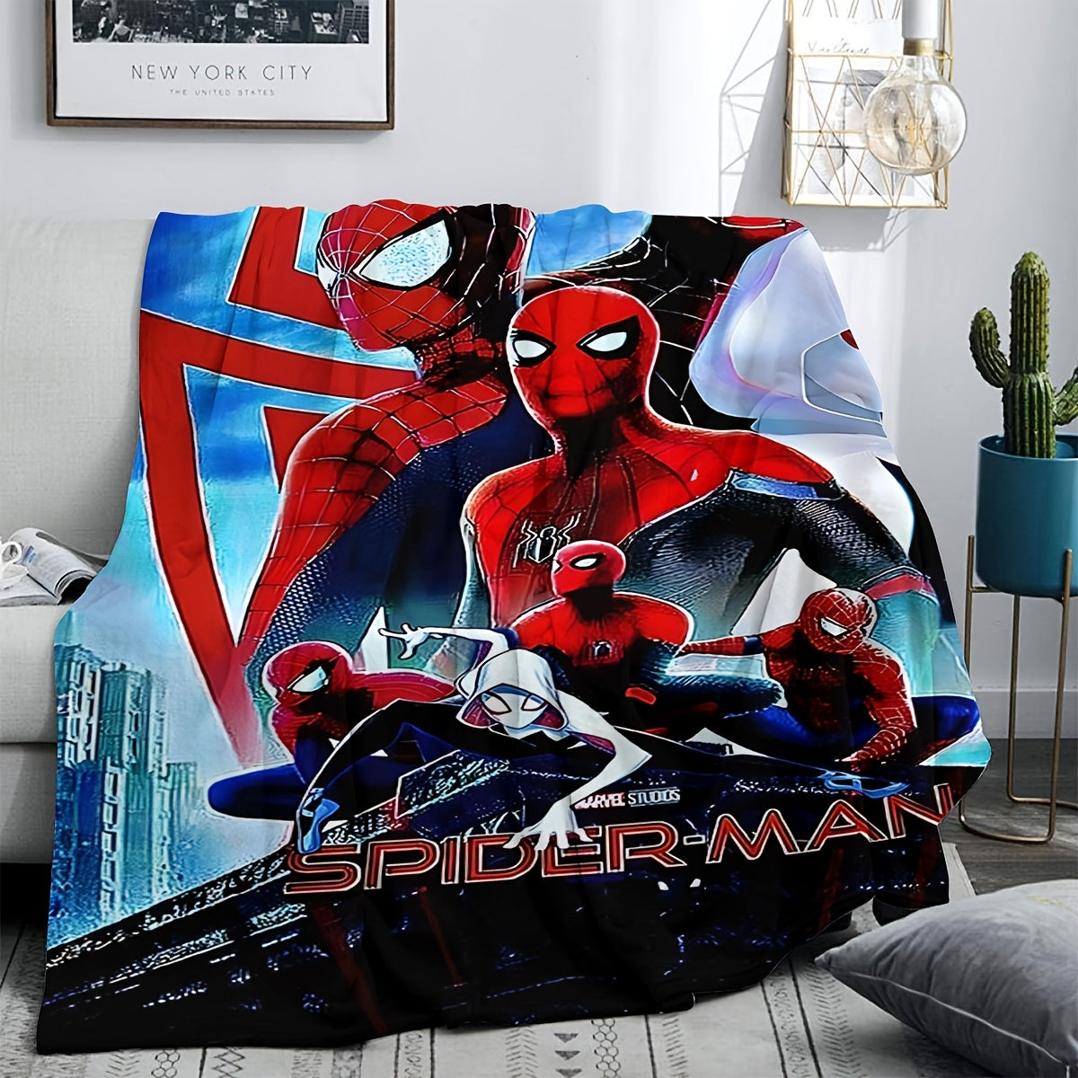 Four Spider-Man-themed decorative blankets that can be used as carpets, bed covers, towels, nap blankets, leisure blankets, and travel blankets. Made from knitted polyester, these blankets are modern and versatile, suitable for use in all seasons.