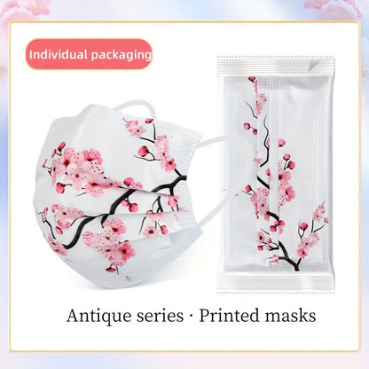 Disposable fashion face covering for adults, featuring 30 pieces of 3-layer breathable face scarf masks made of woven polypropylene. These masks are elastic, sun-proof, and come in a variety of floral and starry sky patterns. They have wide ear loops