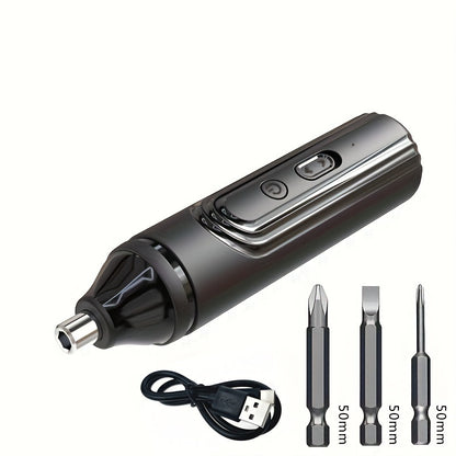 Mini cordless electric screwdriver with USB rechargeable lithium battery, accessories included, compact and portable.