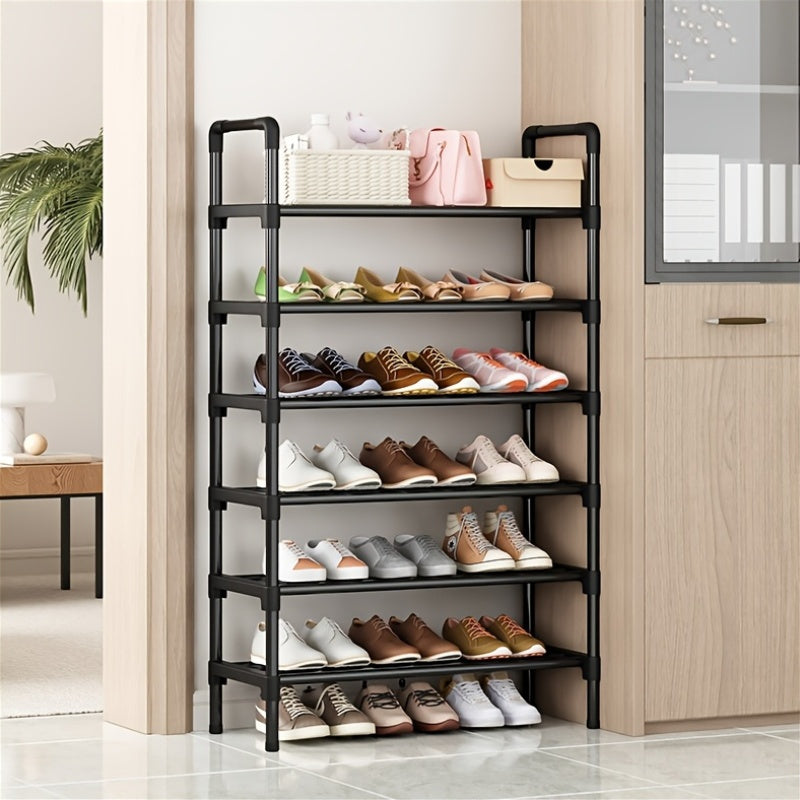 Upgrade your shoe organization with this sleek black metal and plastic shoe rack. With six tiers, it provides ample storage space for all your shoes, whether in the entryway, bedroom, or even outdoor. This stackable and freestanding shoe organizer is