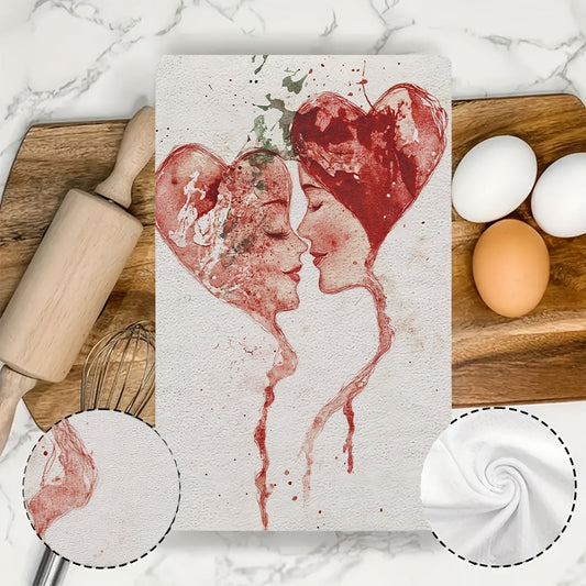 Two pieces of ultra soft kitchen towels featuring a Valentine's Day love stamp design. These highly absorbent and machine washable dish hand towels showcase a contemporary red and white splatter art pattern. Each towel measures 40.64x60.96 cm.