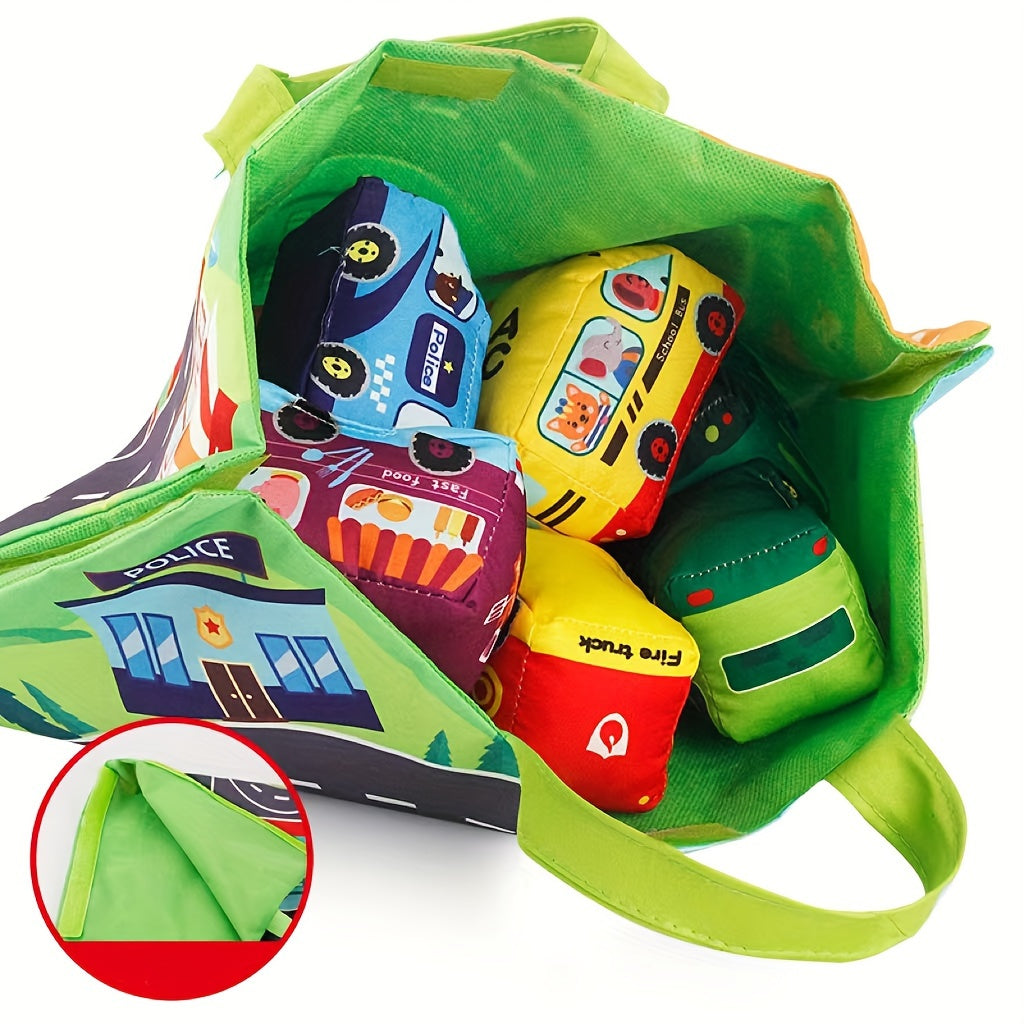 Cloth car toy for toddlers with storage bag, featuring sound paper and transportation-themed design.