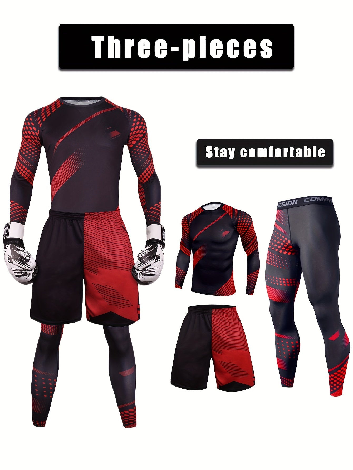 Men's 3-Piece Camouflage Sports Set with Muscle Fit Shirt, Pants, and Matching Shorts for Gym and Workout.