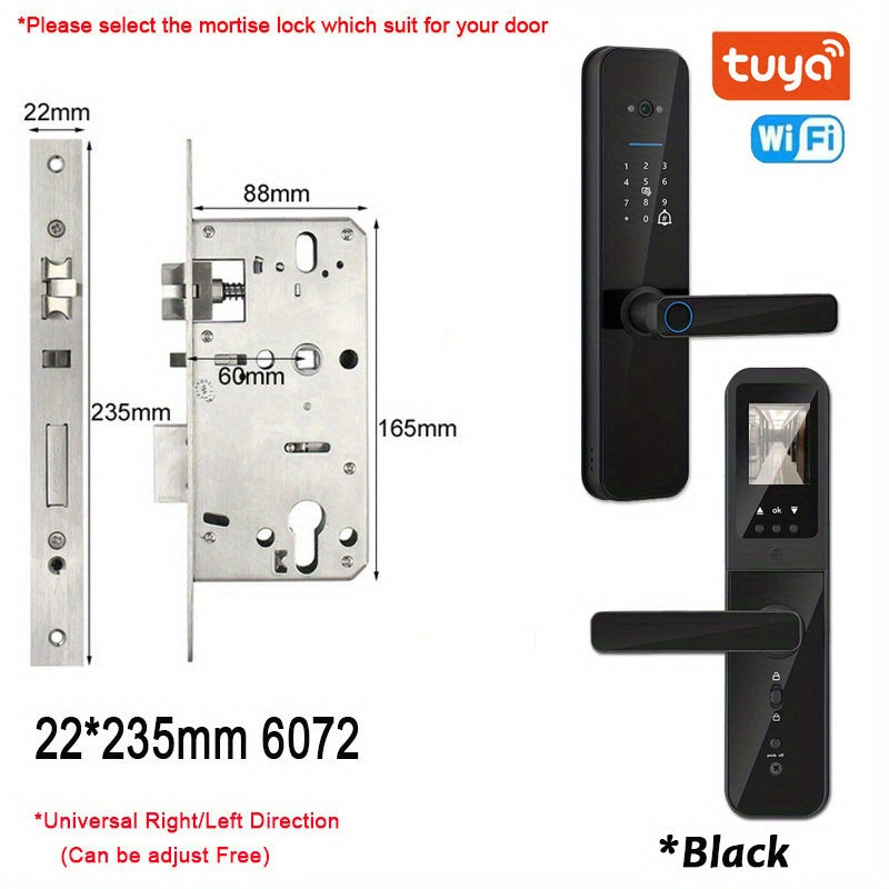 Smart door lock with biometric camera, fingerprint, smart card, password, and key unlock.