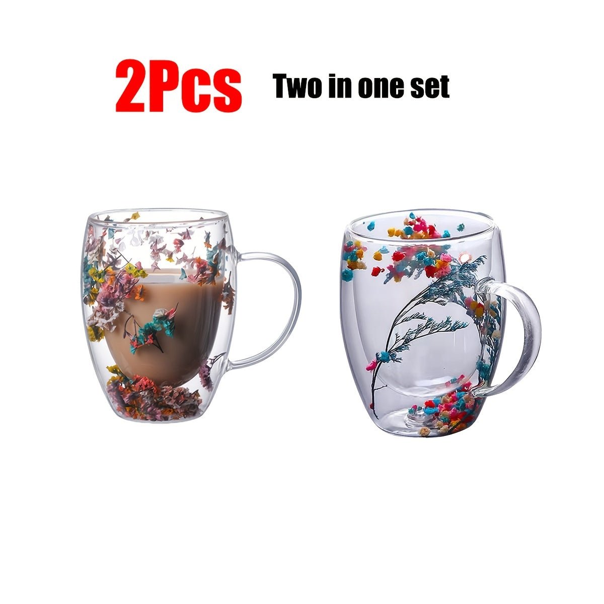 Pair of novelty glass cups with dried flowers, perfect for whiskey and iced coffee. Vintage gypsophila pattern, 11.83 ounces. Reusable.