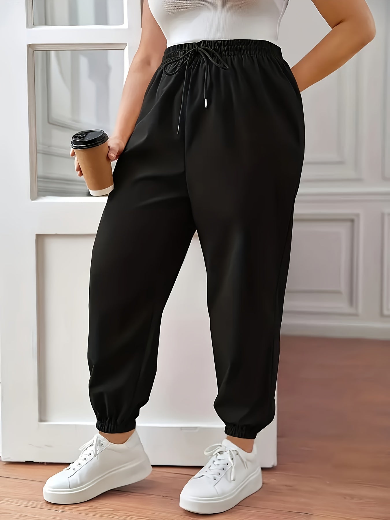 Plus Size Solid Fitted Joggers with Drawstring Waist for Spring/Summer Casualwear by Women's Plus Size Clothing.