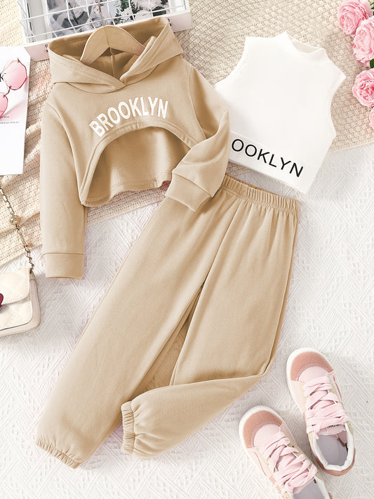 Stylish girls' outdoor clothing set for spring and autumn includes a hooded sweatshirt, vest, and pants with letter print. Perfect for casual or special occasions.