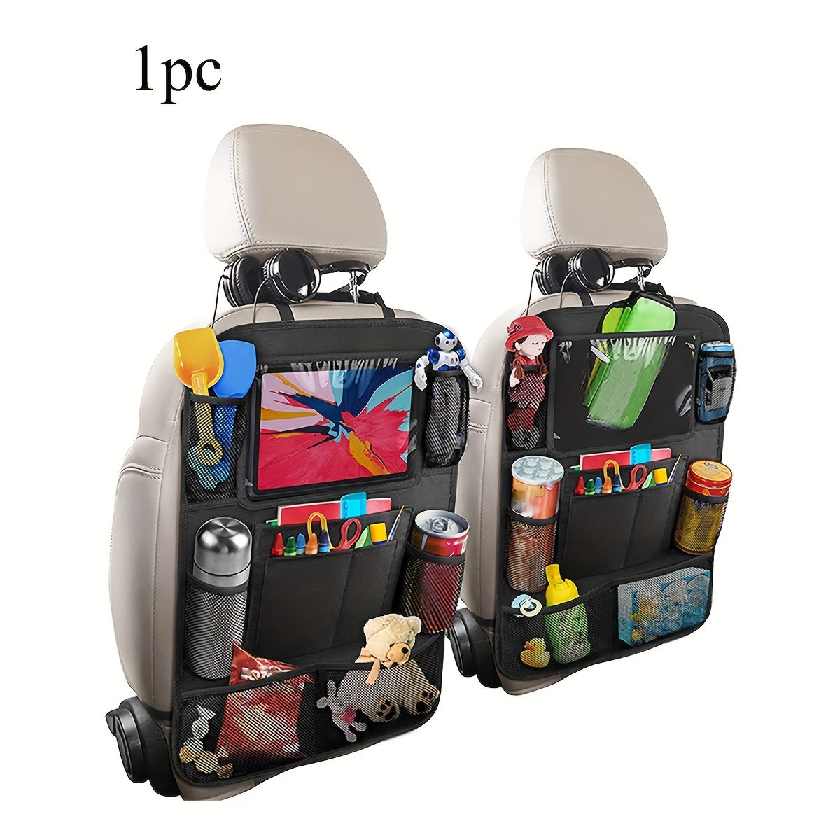 Backseat organizer with tablet holder for car, Kids car seat protector with kick mat and touch screen, Seat back storage bag with mesh pockets for hanging.