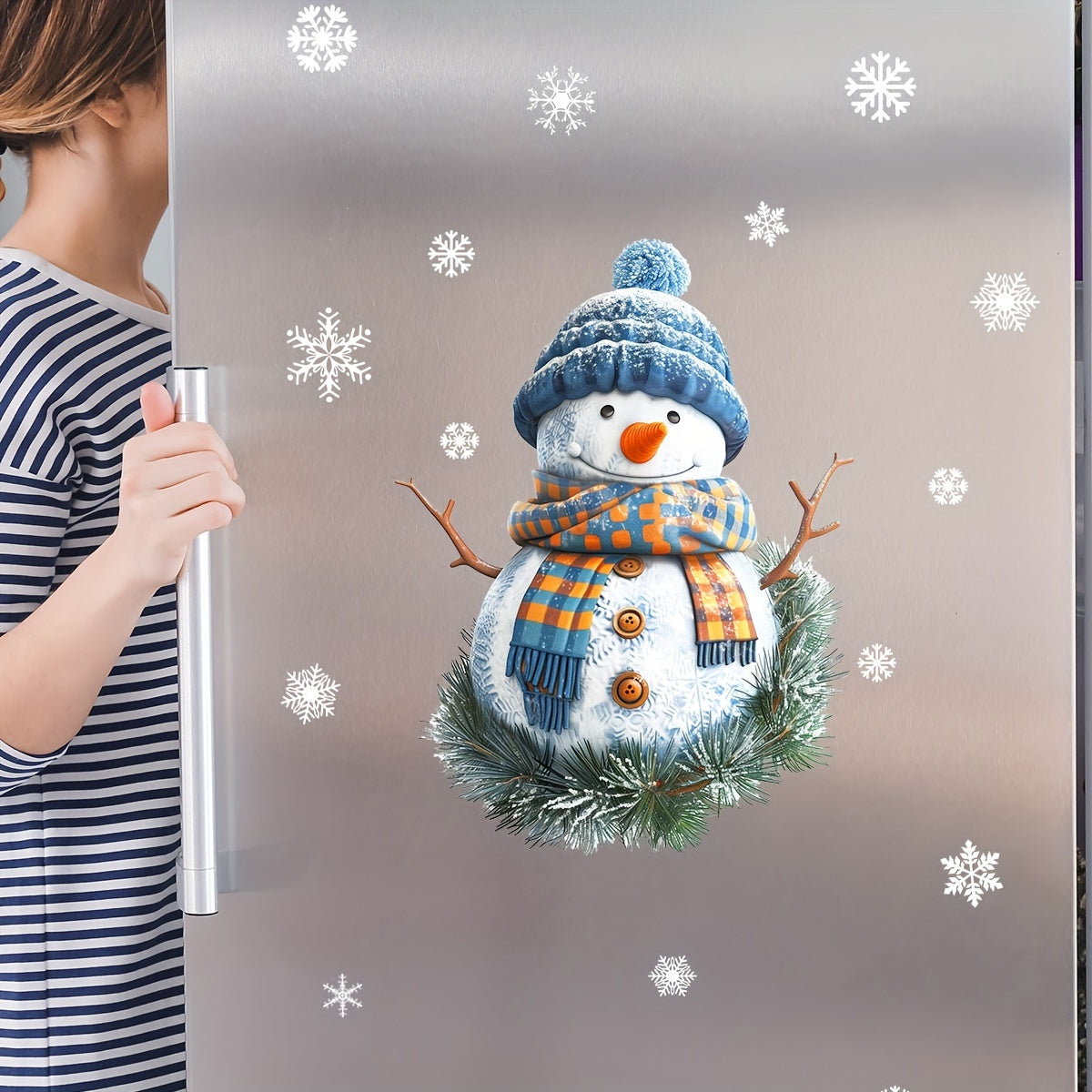 Winter holiday decoration - Double-sided Christmas Snowman window cling with blue hat and scarf, made of removable PVC static decal for festive home and mall glass decor.