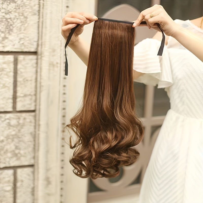 Stylish brown ponytail wig with ribbon tie made of high-temperature synthetic hair, perfect for all women.