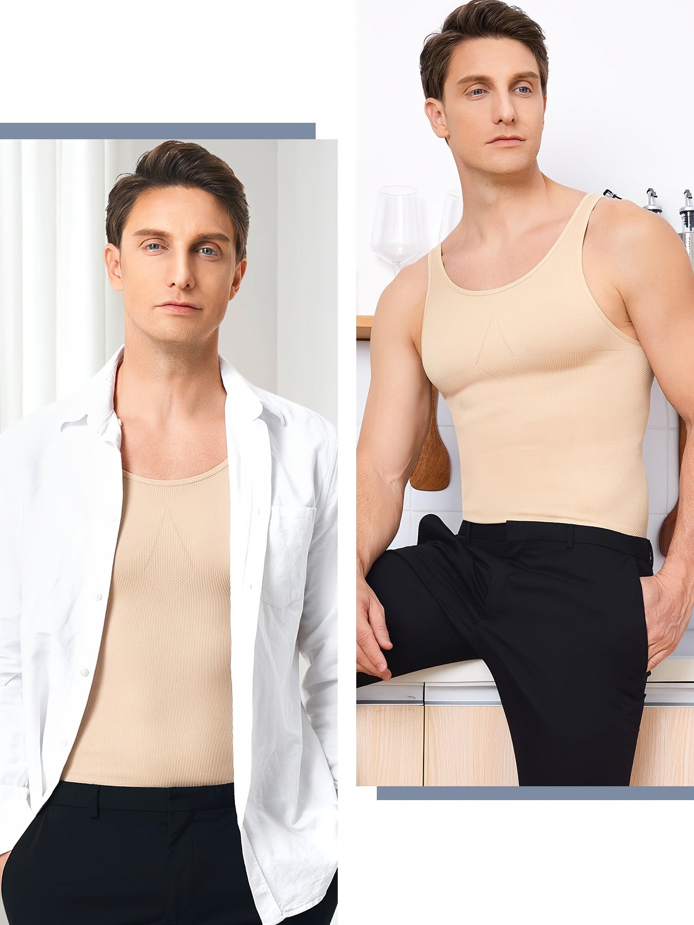 Men's slimming body shaper tank top made of breathable nylon-spandex blend. Sleeveless with off-shoulder neckline. Flexible and stretchy for all-season wear. Sporty style.