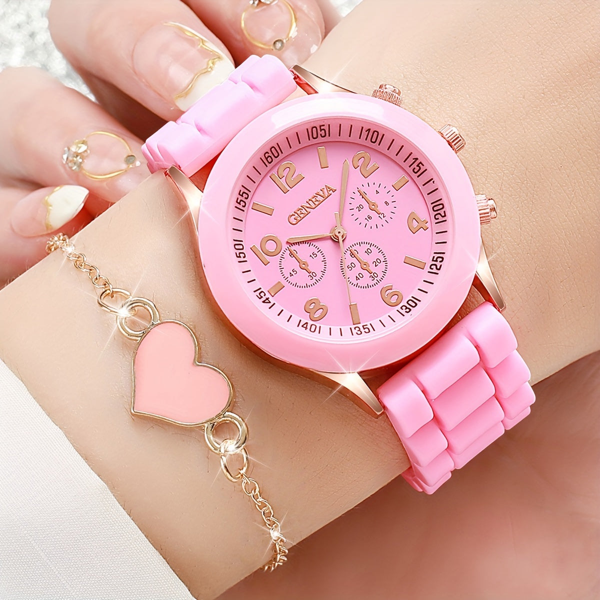 6-piece Women's Fashion Casual Watch Set with quartz movement, silicone band wristwatches, heart bracelet, and non-rechargeable button battery included.