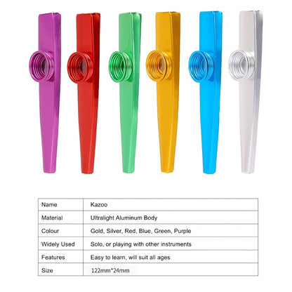 High-quality metal kazoo with flute tube, three flute membranes, and lightweight aluminum alloy construction. Portable and easy to use, suitable for both beginners and experienced