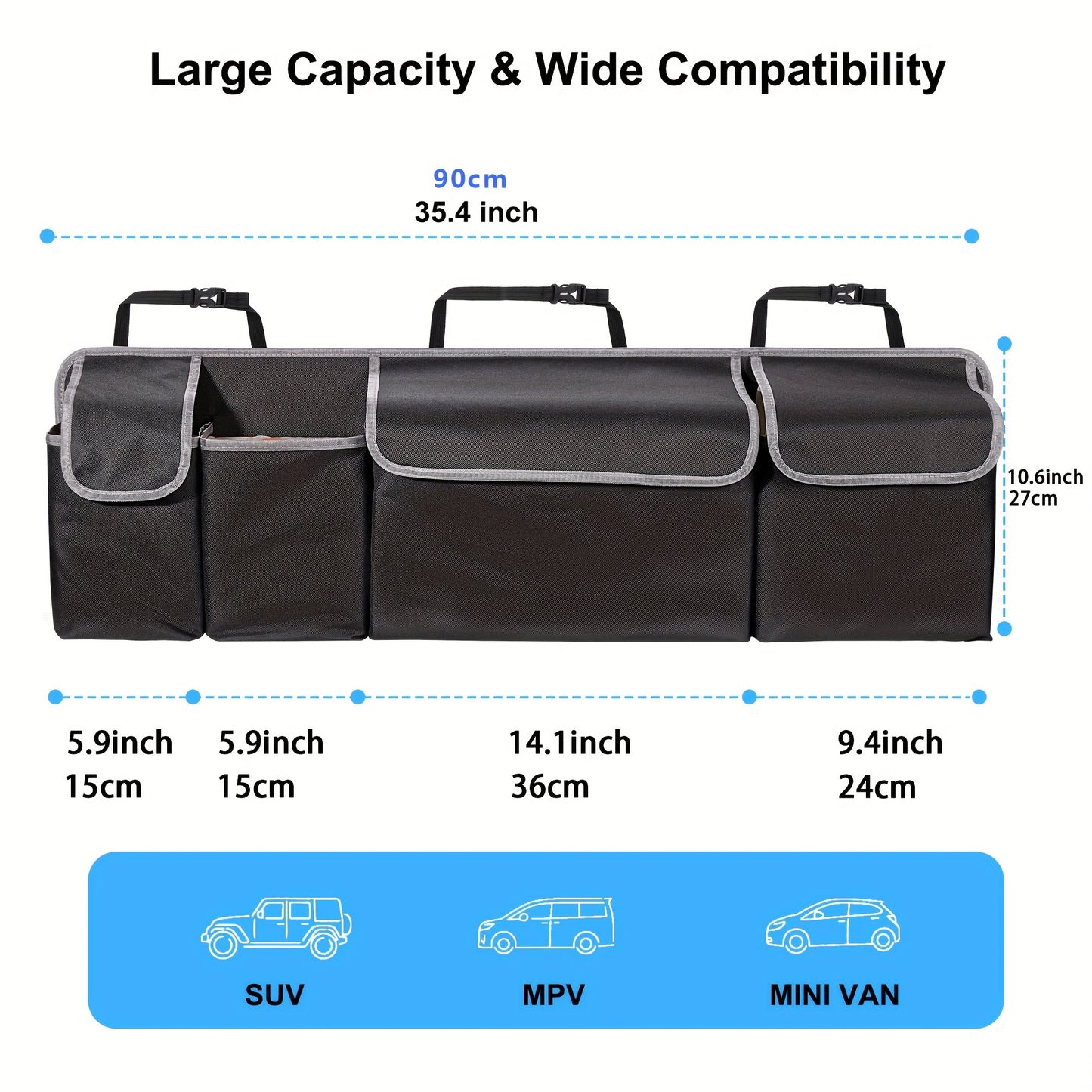 Car seat back organizer with large capacity, multiple pockets, polyester fiber material, vehicle storage solution.