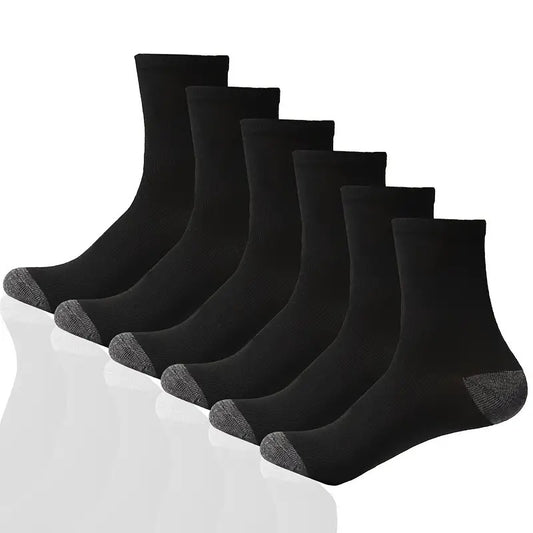 10 Men's mid-calf athletic socks in black, made of breathable polyester with ribbed cuff for comfort, ideal for sports and casual wear.