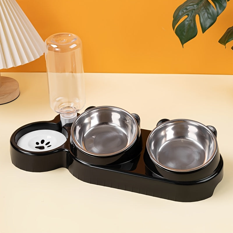 Dual bowl pet feeder and water dispenser made of stainless steel and plastic with easy sloped design for cats and dogs.