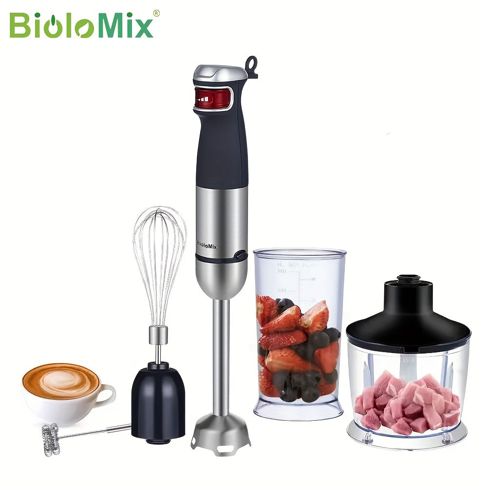 BioloMix 5-in-1 Immersion Hand Blender Set with 1200W motor, includes food processor, chopper, meat grinder, whisk, and milk frother. Comes with 600ml measuring cup, 800ml chopping bowl