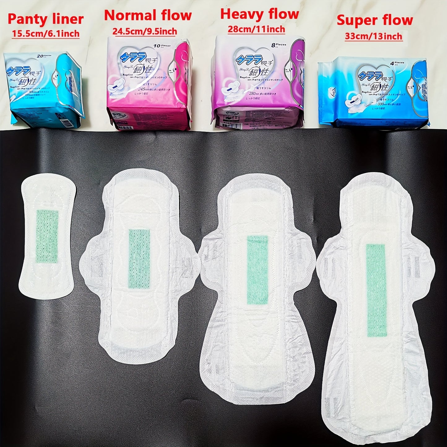 5 packs of ultra-thin winged sanitary pads for women, individually wrapped and unscented.