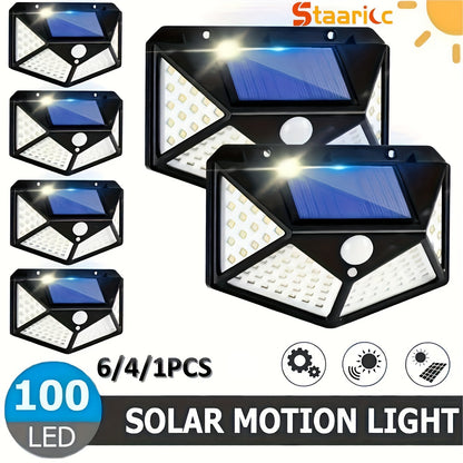 The Staaricc solar lamp is an energy-saving light with 100 LEDs and a motion sensor. It has three modes, a 270° illumination range, and is suitable for outdoor spaces like gardens, fences