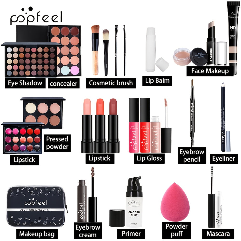 POPFEEL Travel Makeup Kit with Black Case, Multi-Product Beauty Collection for On-the-Go Touch-ups