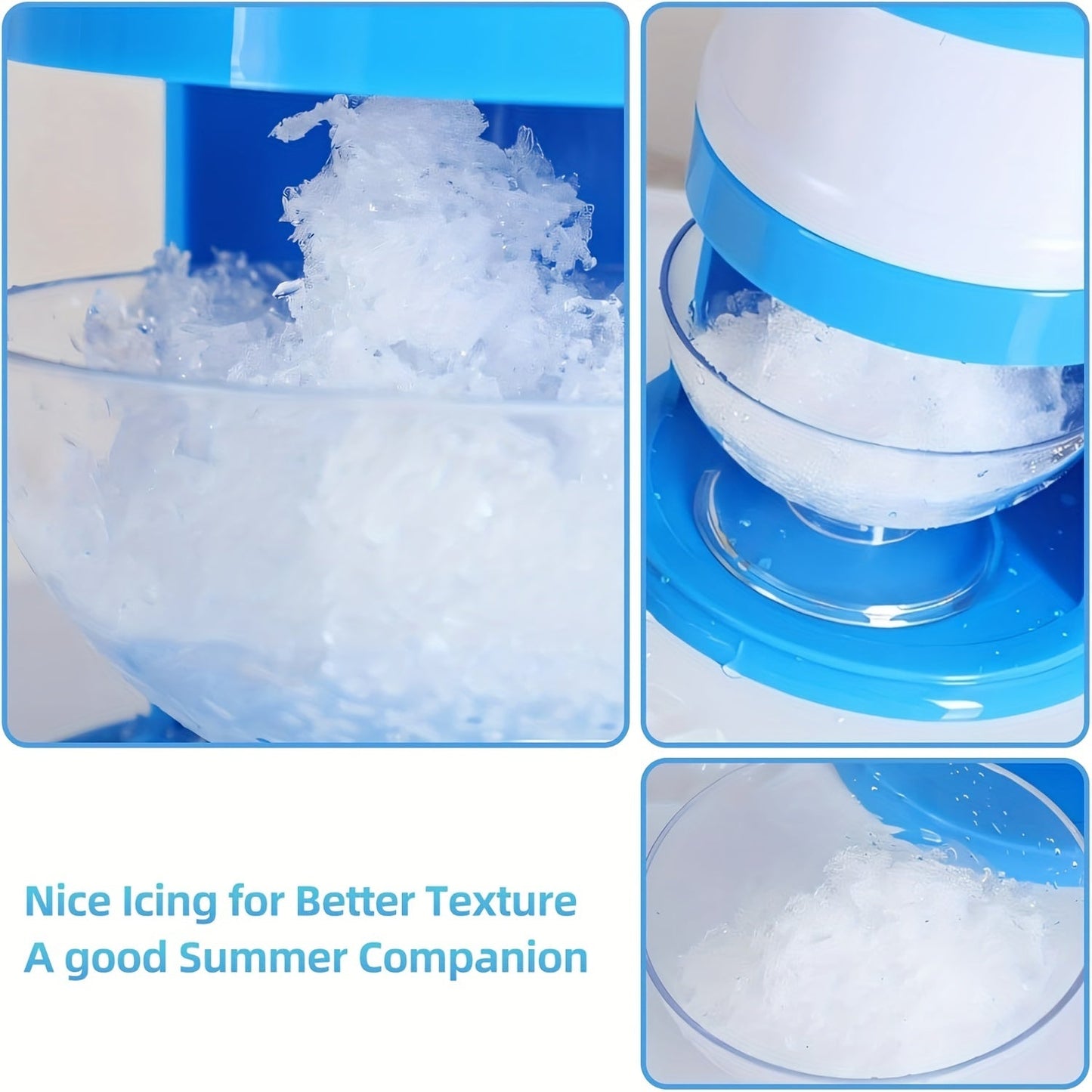 Stay cool this summer with the Portable Snow Cone & Shaved Ice Maker! This hand crank machine is made of durable ABS plastic in blue and white colors. Perfect for summer parties and home use, this machine requires no electricity to operate.