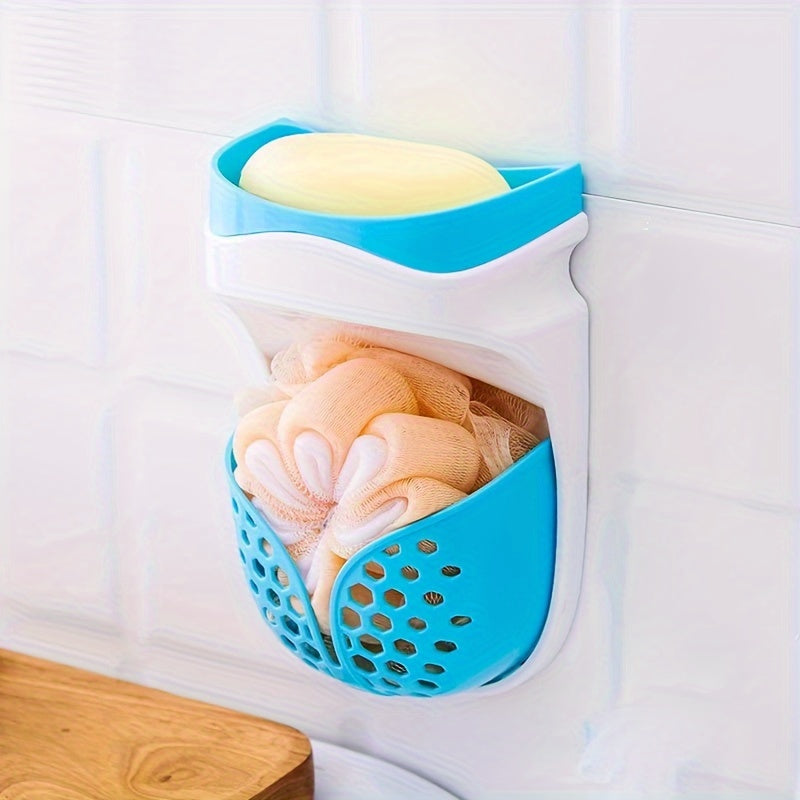 Wall-mounted soap dish with strong adhesive and double-layer design. No-drill drainage system for bathroom and kitchen storage. Features a creative suction cup and soap box.