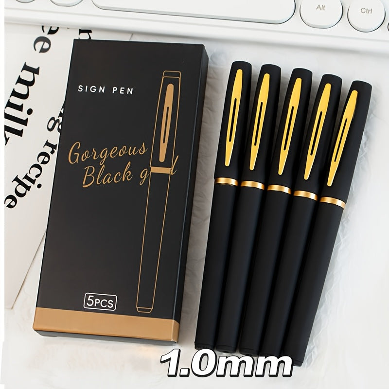 5 sleek black and golden gel pens: 0.5mm/0.7mm/1.0mm, large capacity, great for office.