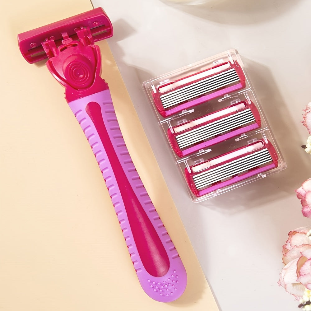 Women's manual razor with 1 handle, 3 blade heads, 6-layer stainless steel blades, hypoallergenic, washable, replaceable safety heads, suitable for normal skin.