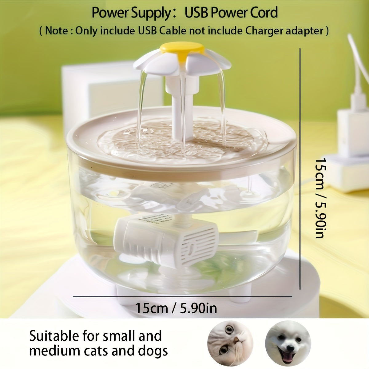 Quiet 1.5L clear pet water fountain – USB powered, easy to clean, for cats and small pets.