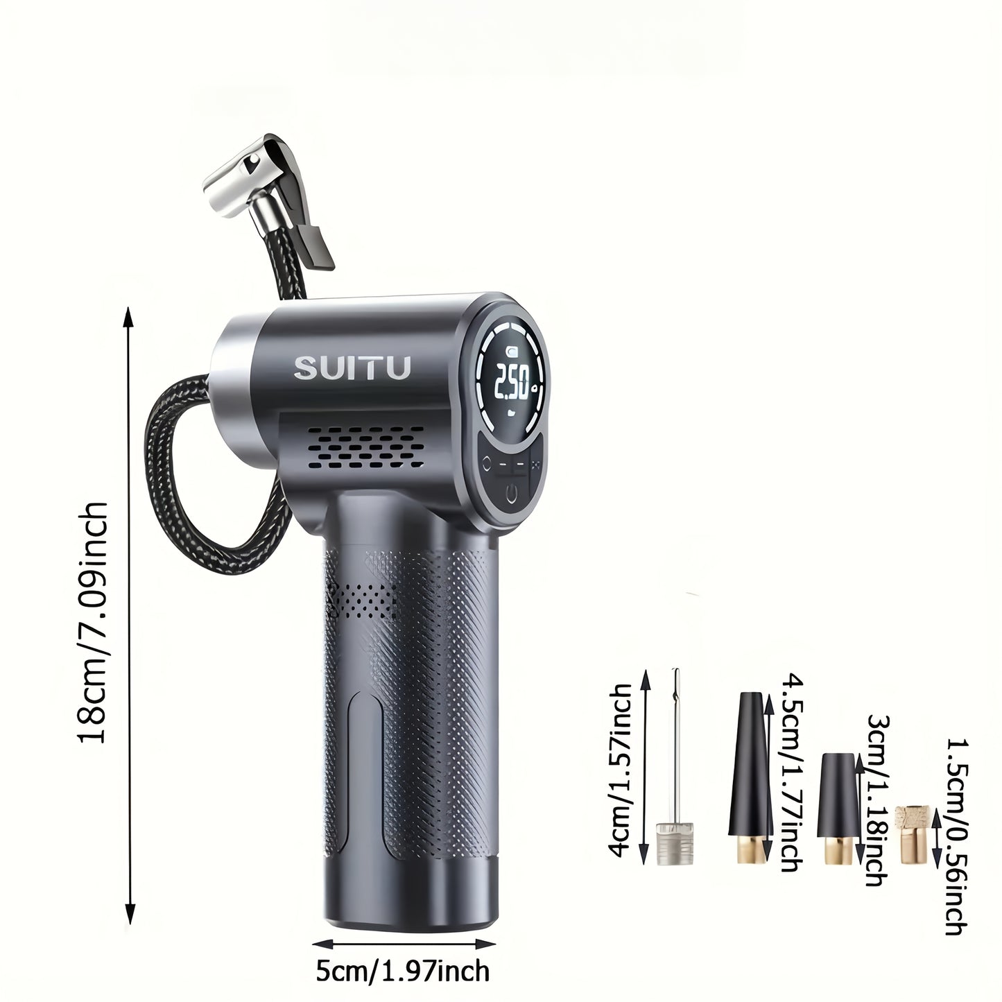 Wireless tire inflator with digital display, USB rechargeable lithium battery, for electric car tires.