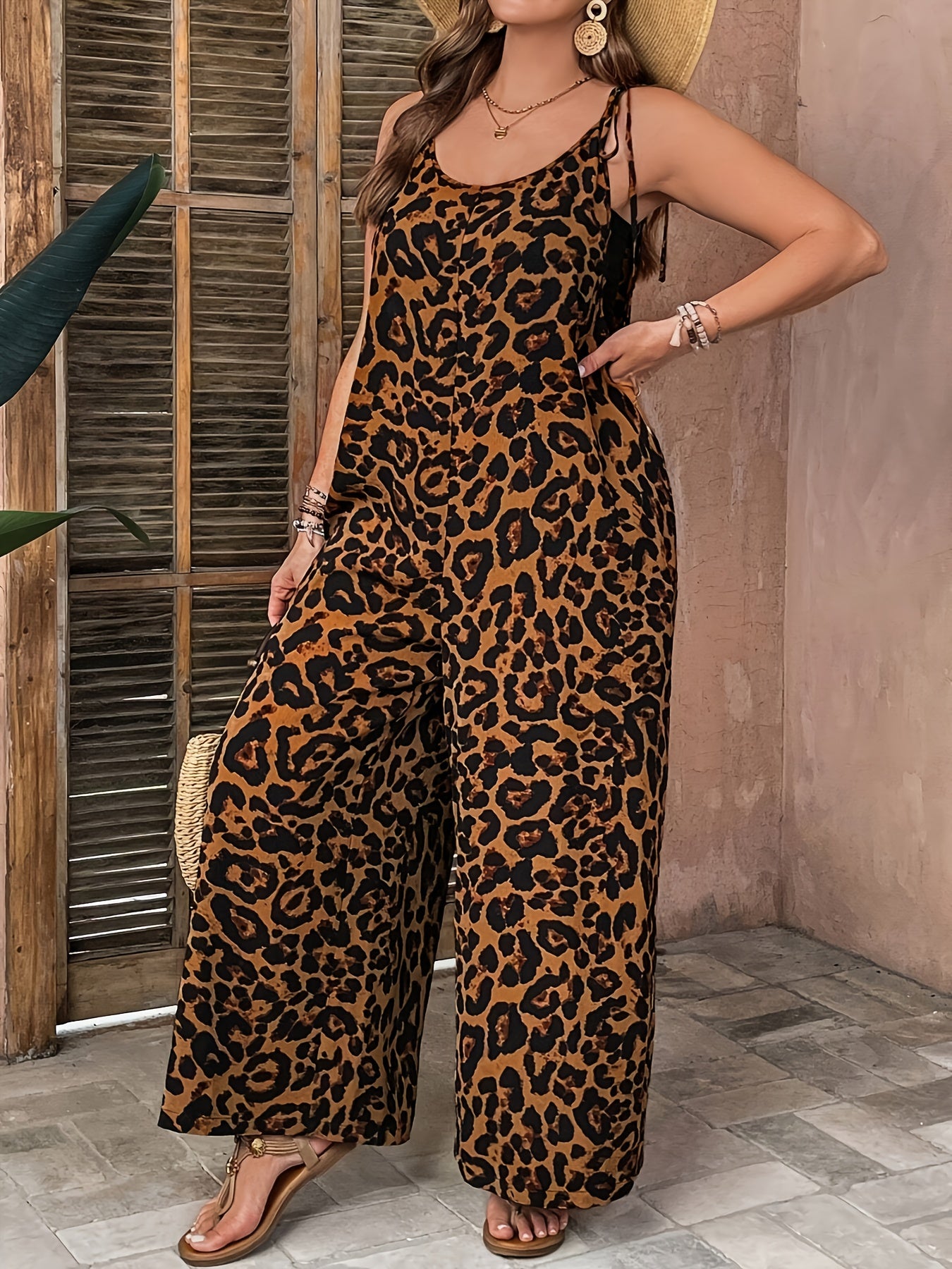 Plus Size Leopard Print Jumpsuit - Scoop neck, knit fabric with stretch, 100% polyester, all-season with pockets, 165 g/m².